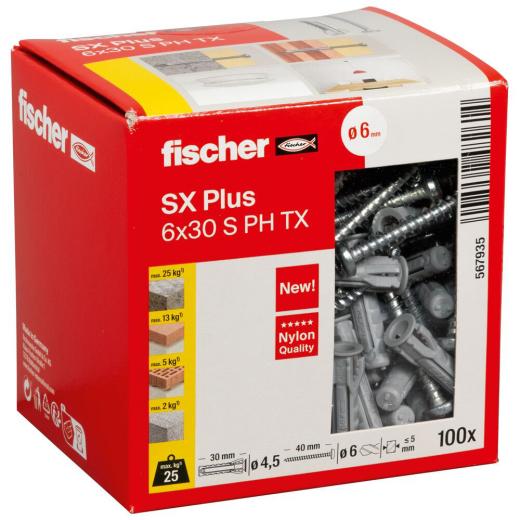 fischer Expansion plug SX Plus 6 x 30 S with screw PH TX | 100 pieces