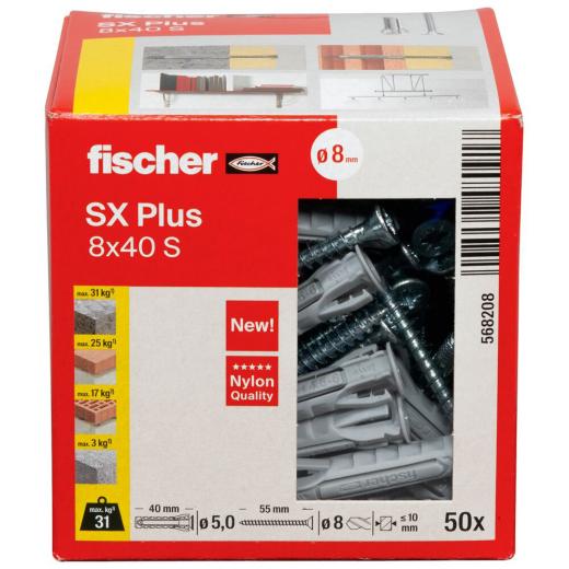 fischer Taco de expansión SX Plus 8 x 40 S con tornillo | 50 piezas