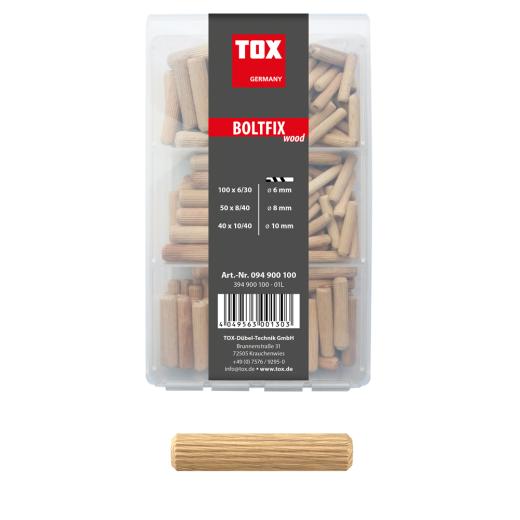 TOX houten deuvel assortiment Boltfix wood 100x 6x30 mm, 50x 8x40 mm, 40x 10x40 mm, gegolfde deuvel van massief beuken, 190 stuks, 094900100 | 190 stuk