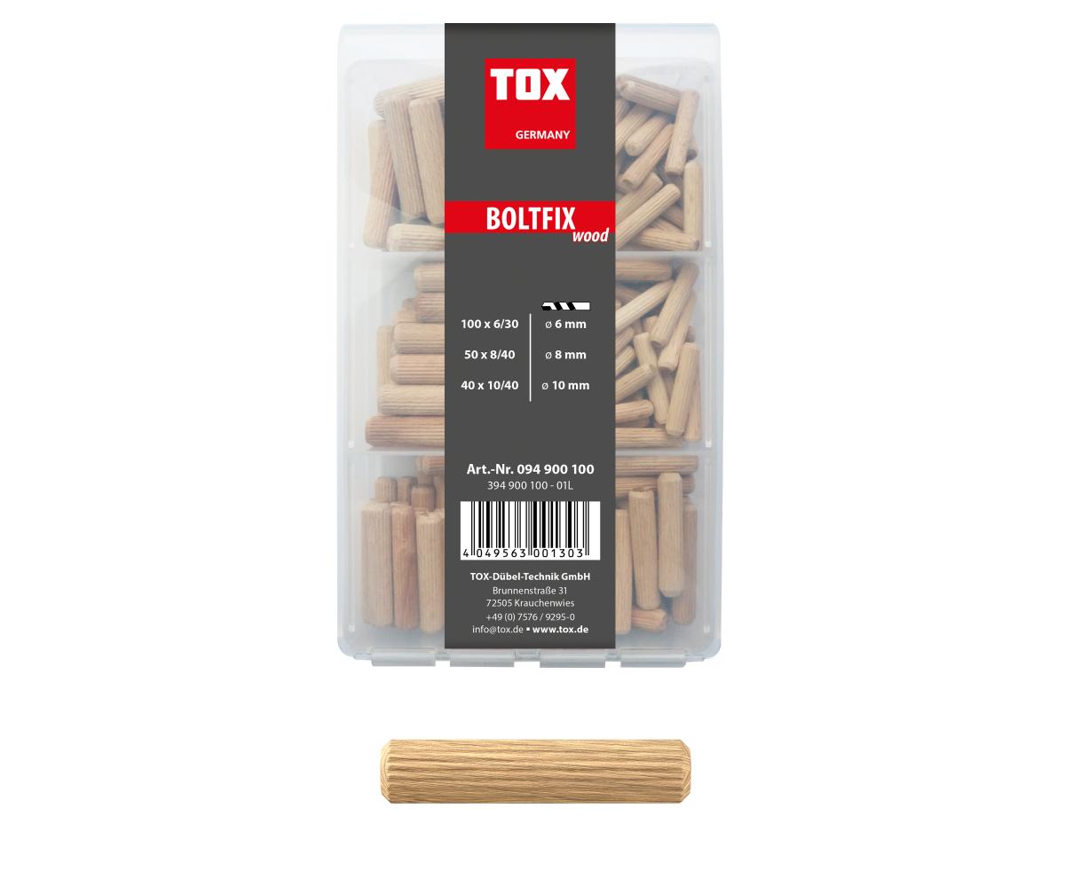 TOX Assortiment de chevilles en bois TOX Boltfix wood 100x 6x30 mm, 50x  8x40 mm, 40x 10x40 mm, chevilles cannelées en hêtre massif, 190 pcs,  094900100