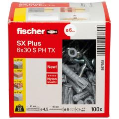 fischer Cheville à expansion SX Plus 6 x 30 S avec vis PH TX | 100 pièces